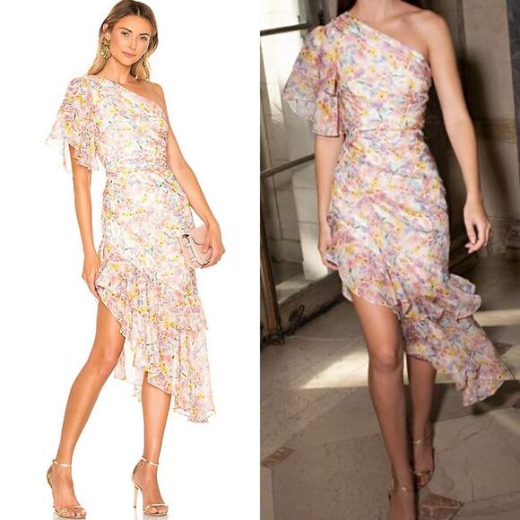 Amur Clayton One-Shoulder Floral Midi Dress Asymmetrical Ruffle Skirt Size 0 - Picture 1 of 11